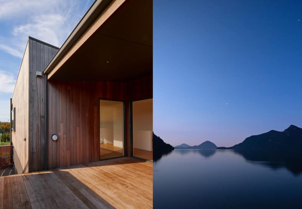 Split image. On the left in a home entrance with lots of natural wood. On the right is the evening sky over a lake with a mountainous landscape
