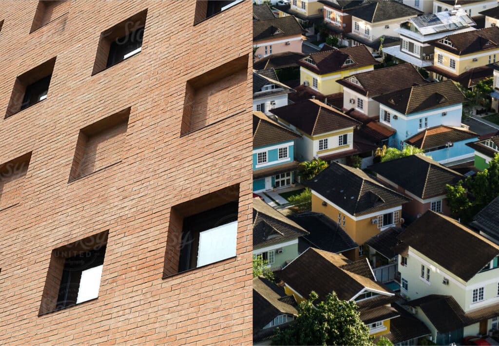 Split image. The left side being a large brick building, the right being a tightly packed residential neighborhood