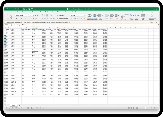An excel file on a tablet. Behind the tablet is siding on a house