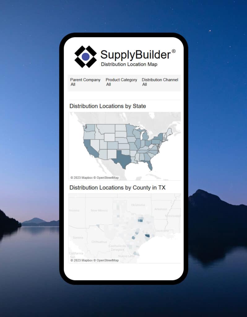 Principia Supply Builder Distribution Location Map interface on a mobile phone. Behind the phone is an evening sky over a lake surrounded by mountains