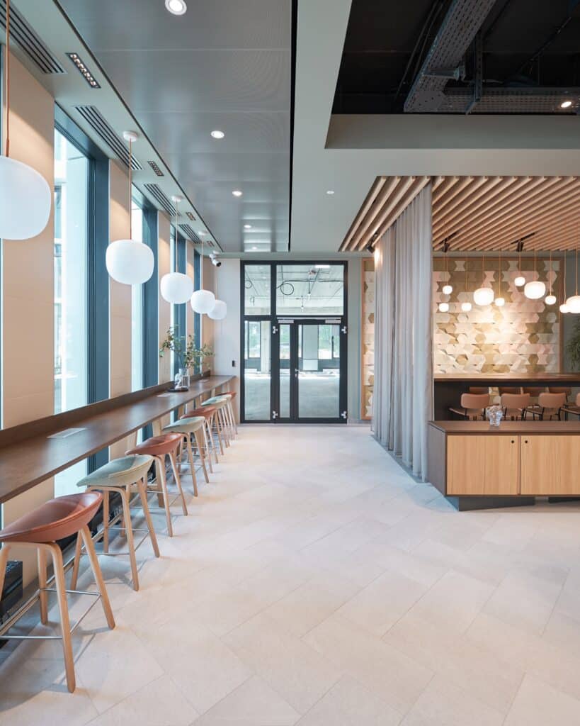 Interior of empty modern restaurant or barista with bar stools, modern floorin