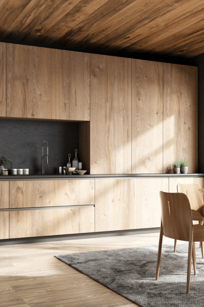 Picture of modern kitchen with wood flooring and cupboards. Rug and chair on right corner